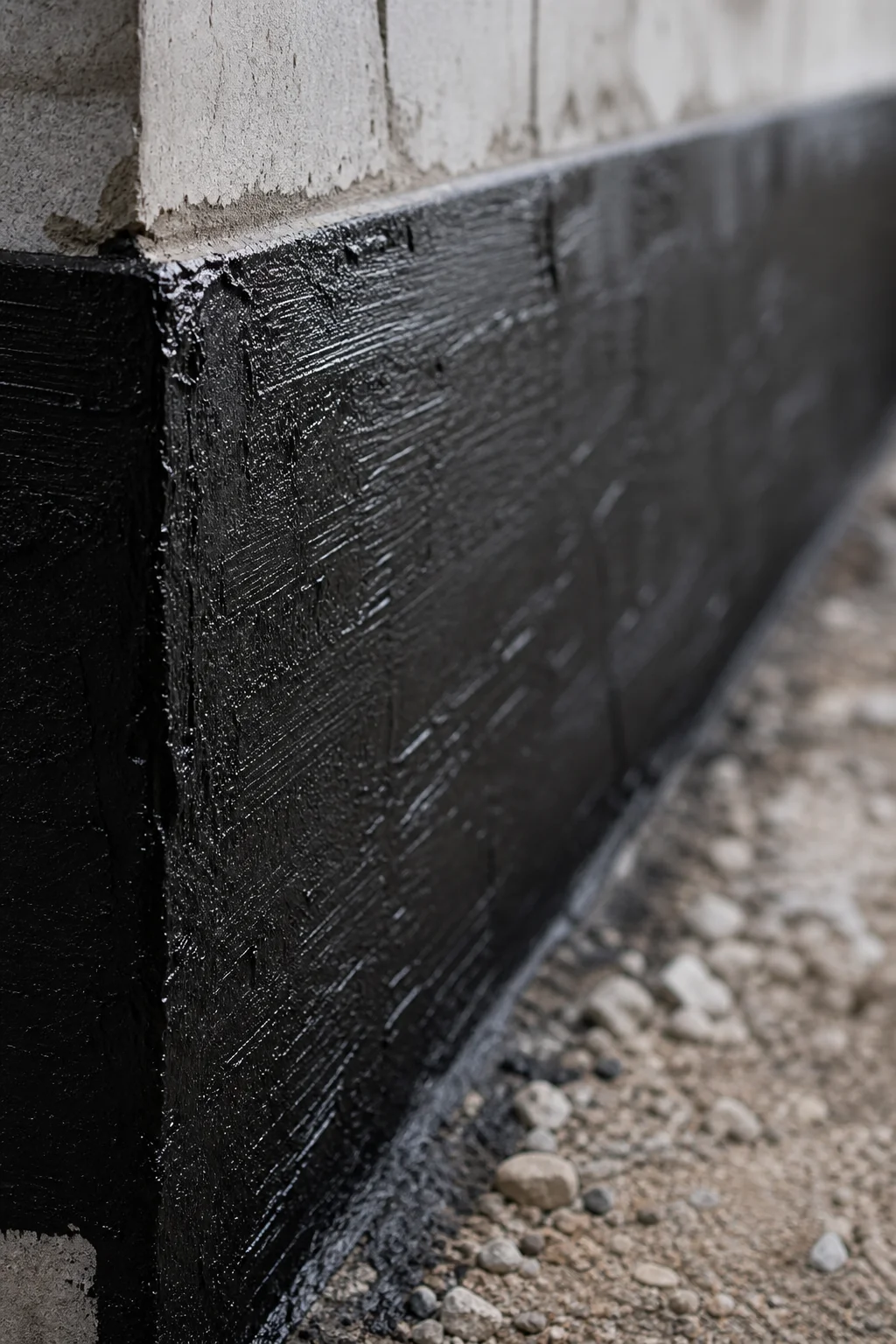 Schwarze Bitumen-Abdichtung an einer Kellerwand in der Baugrube.