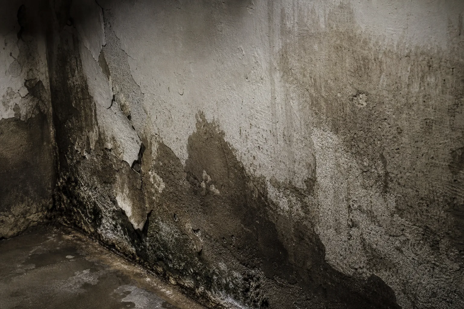 Feuchteschaden mit Schimmel und Salzausblühungen an einer Kellerwand